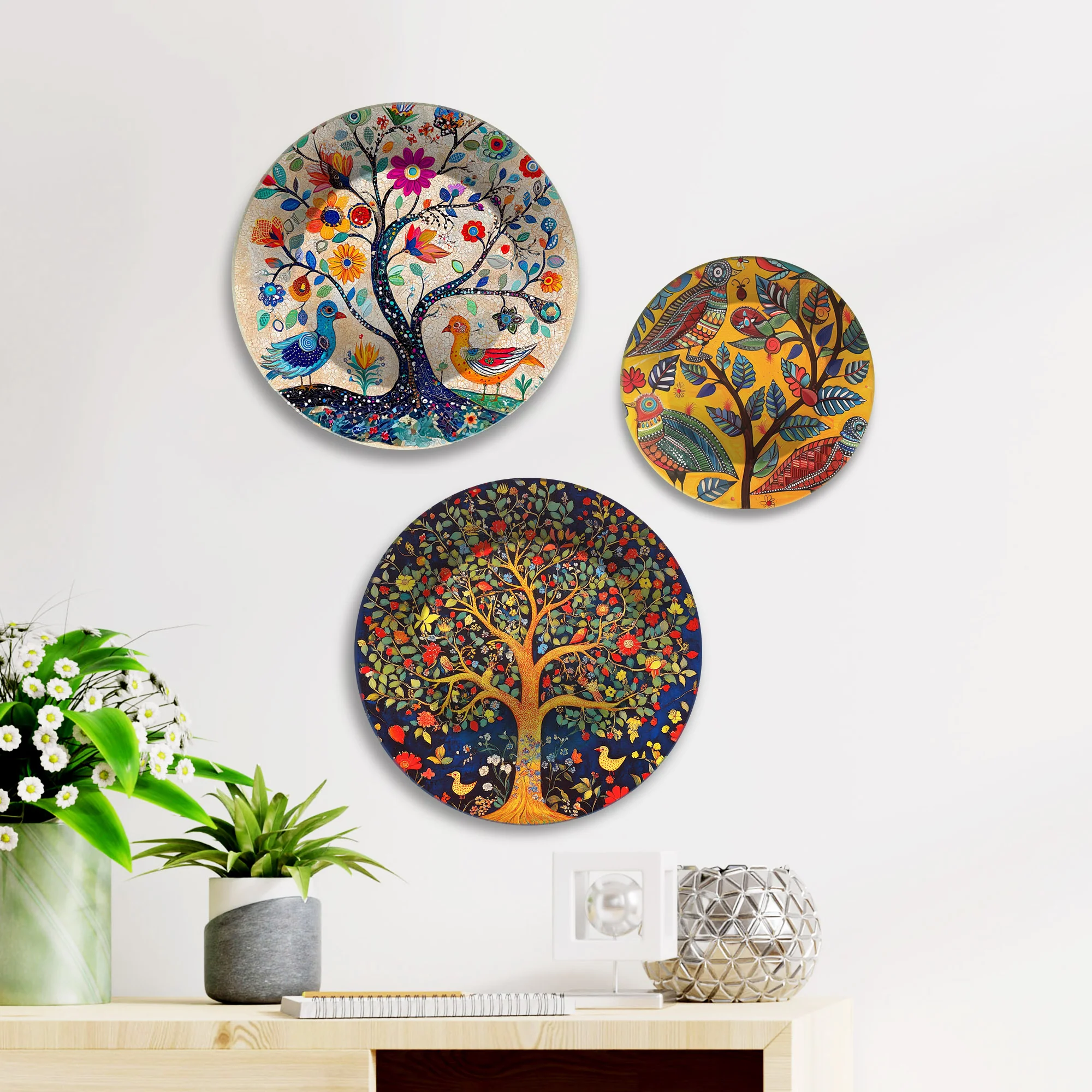 Folk Forest Charm Tree & Birds Premium Wall Plates Painting Set of 3 - Image 2