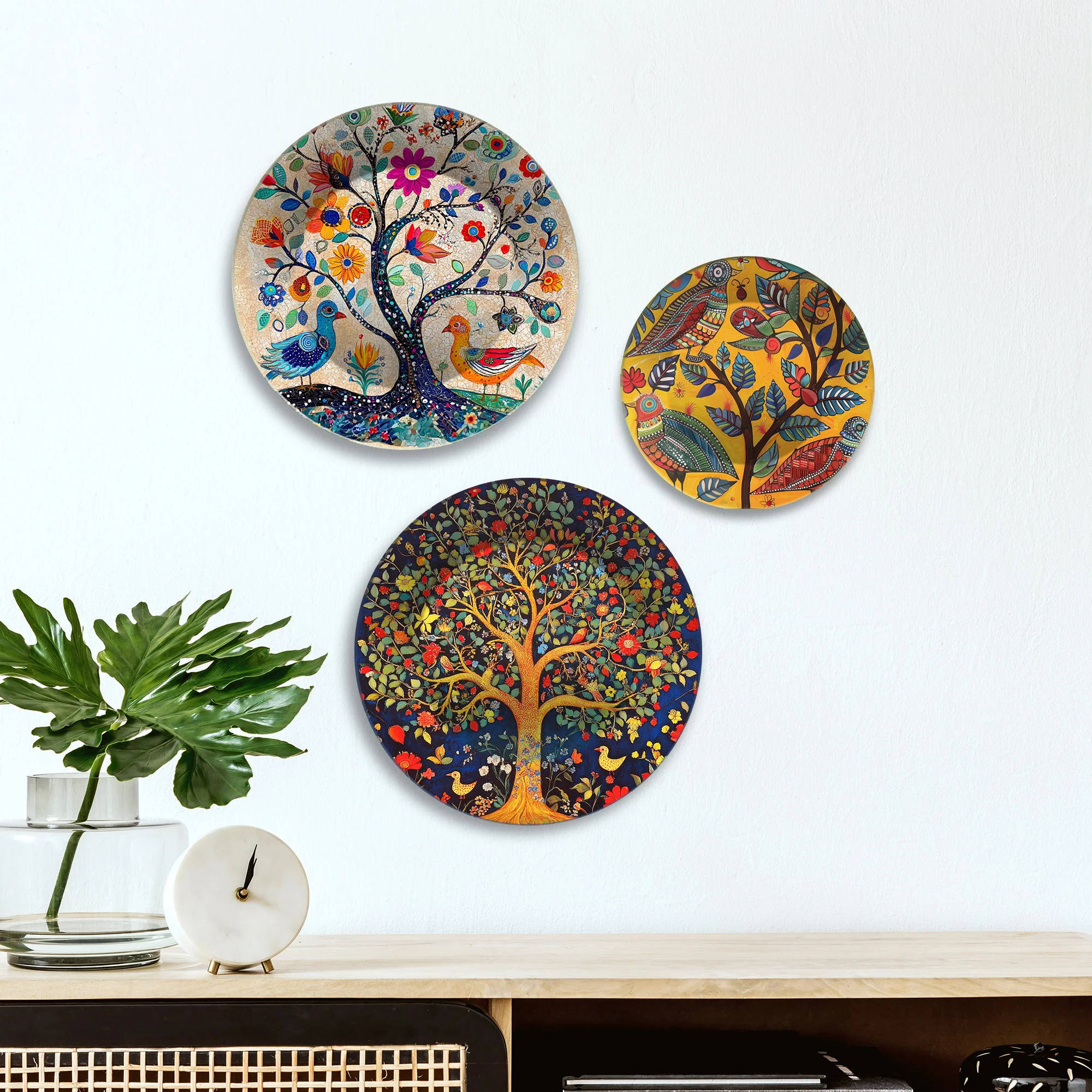Folk Forest Charm Tree & Birds Premium Wall Plates Painting Set of 3 - Image 3