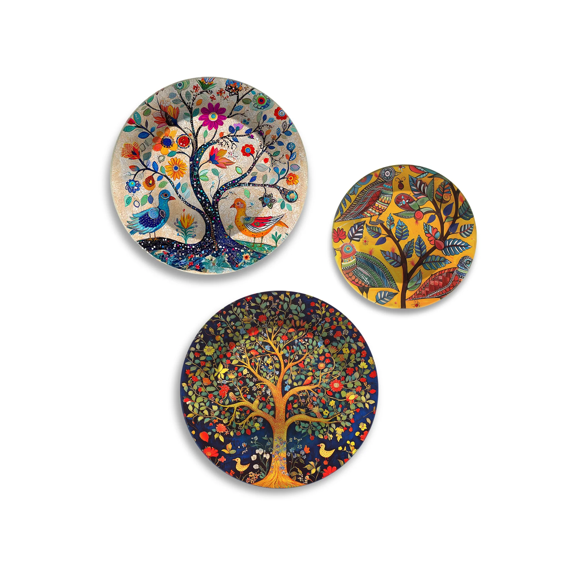 Folk Forest Charm Tree & Birds Premium Wall Plates Painting Set of 3 - Image 4