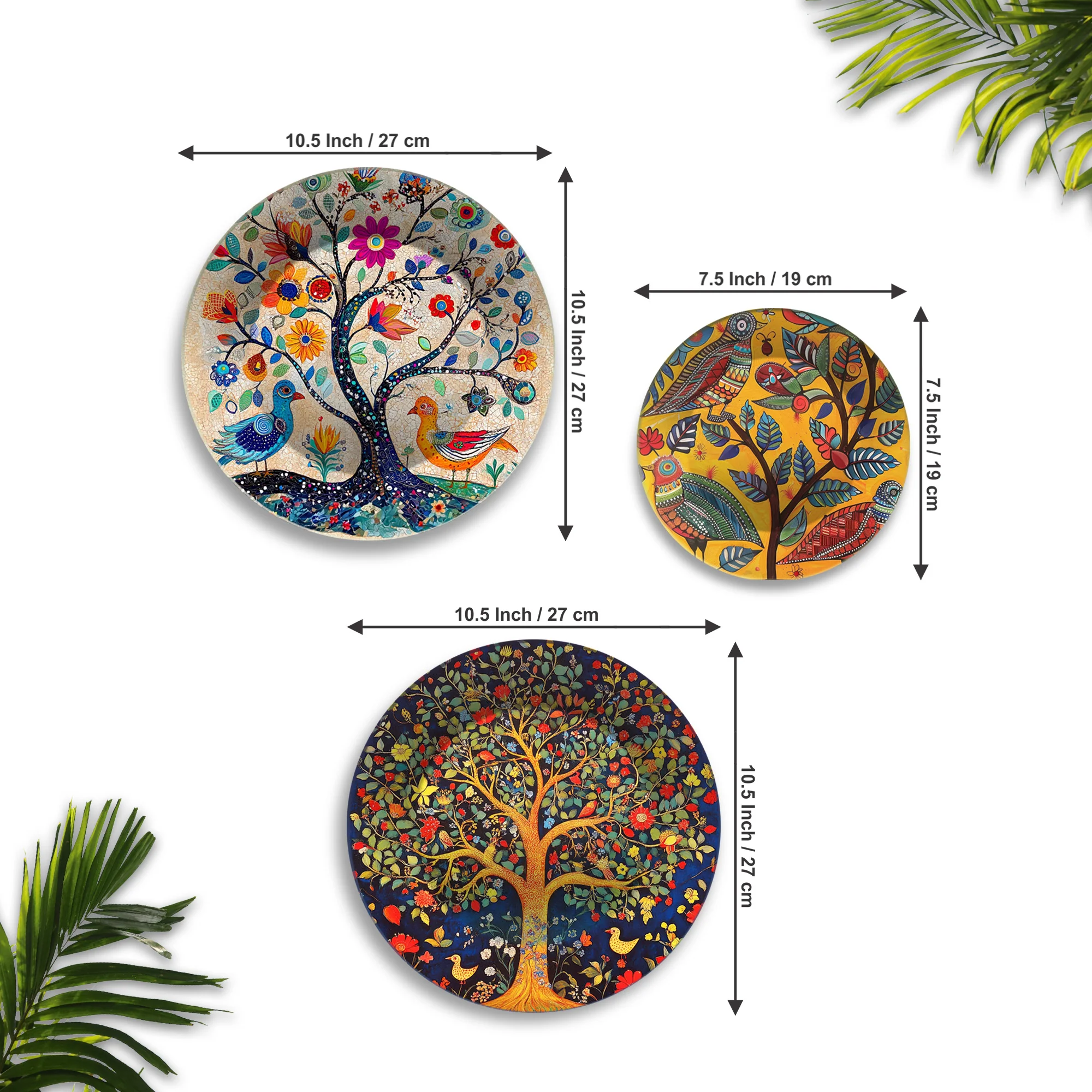 Folk Forest Charm Tree & Birds Premium Wall Plates Painting Set of 3 - Image 6
