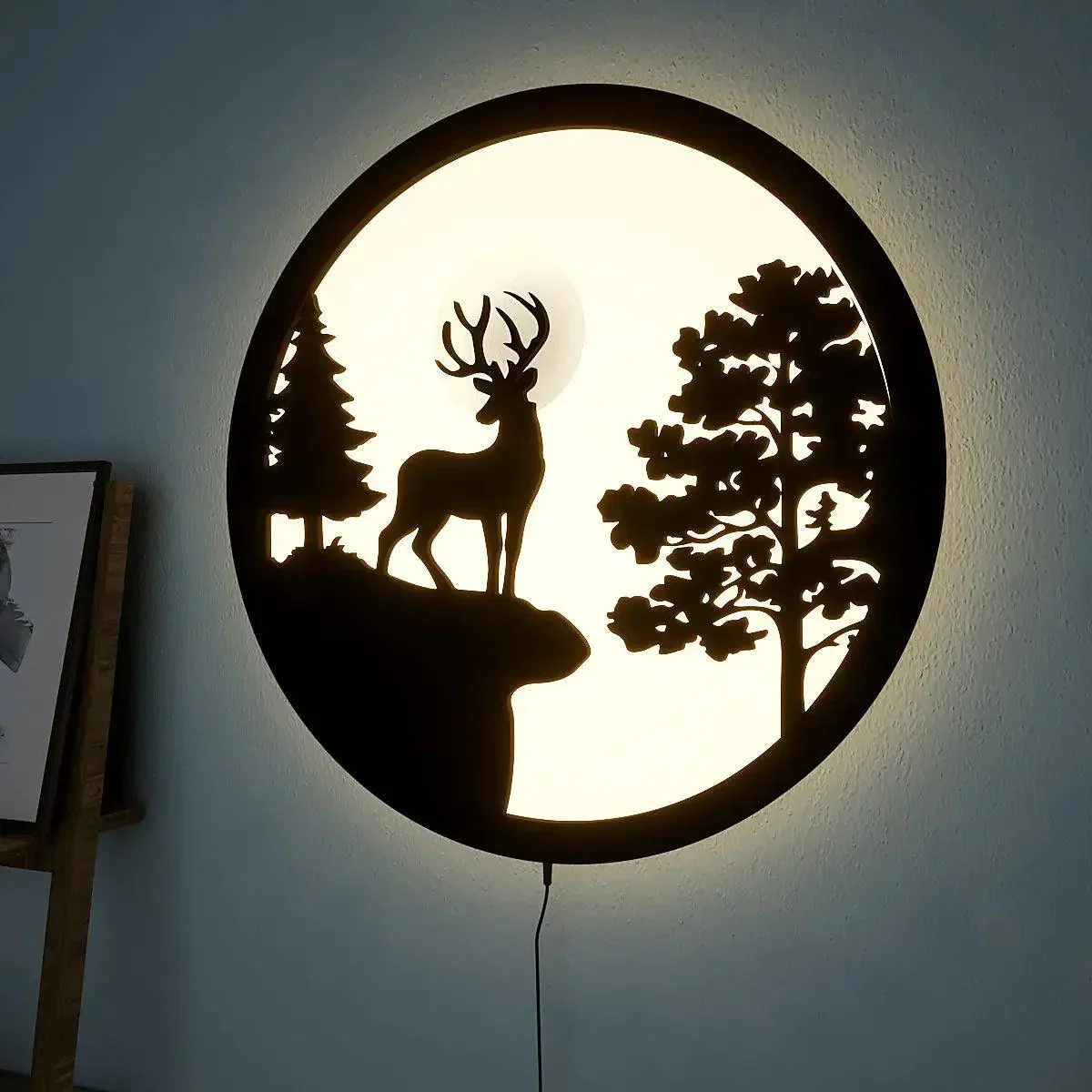 Full Moon Rounded Reindeer Backlit Wooden Wall Decor with LED Night Light - Image 2