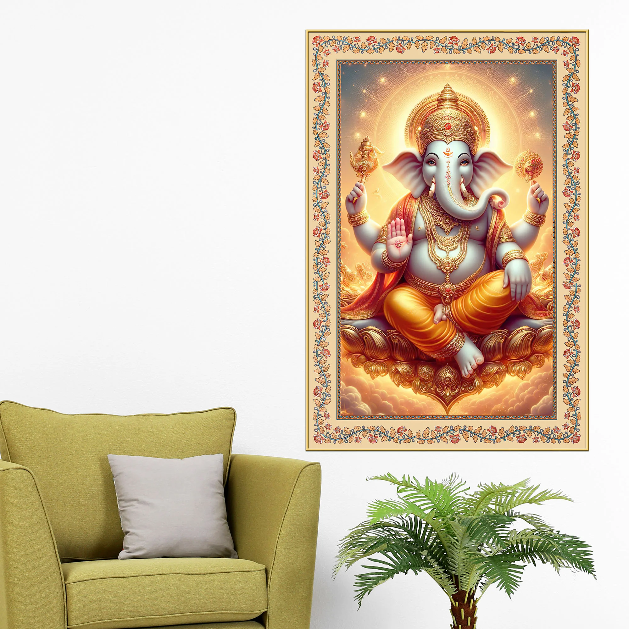 Ganesha Blessings and Prosperity Floral Border Vertical Wall Painting - Image 3