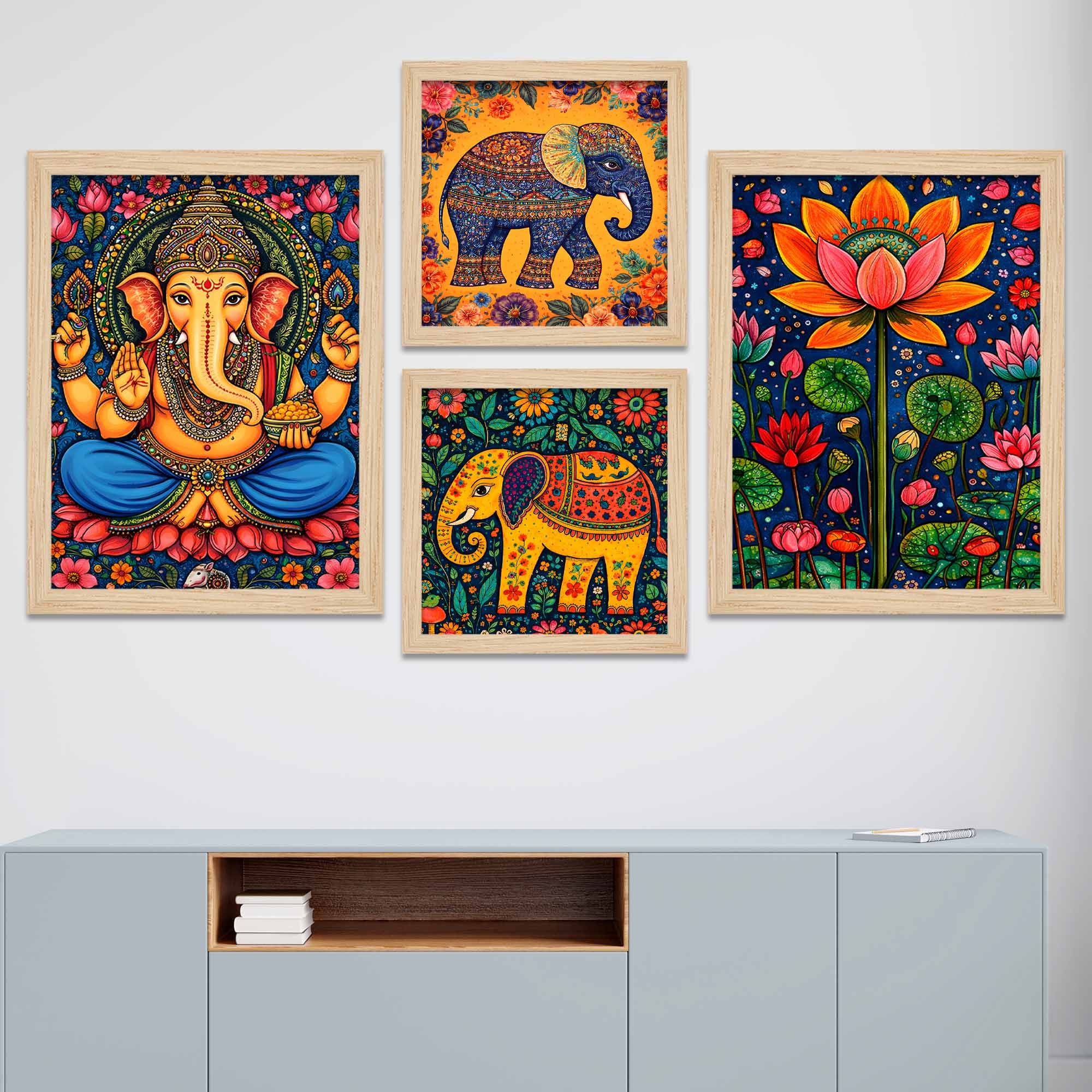 Ganesha & Elephant Indian Folk Devotional Wall Frame Set of Four - Image 2