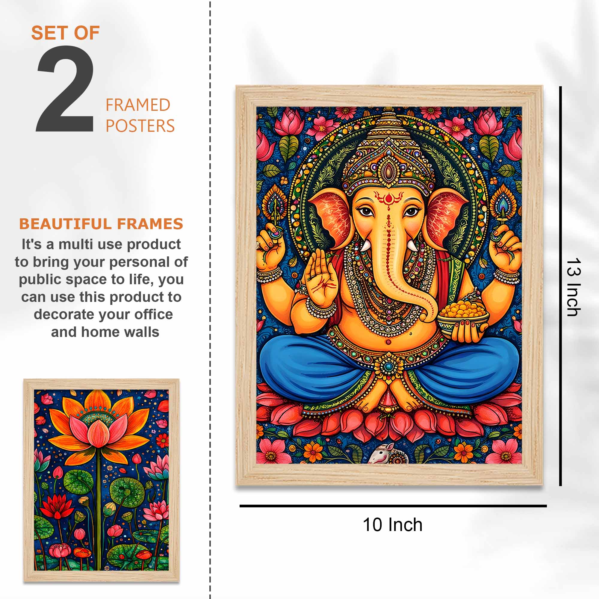 Ganesha & Elephant Indian Folk Devotional Wall Frame Set of Four - Image 3