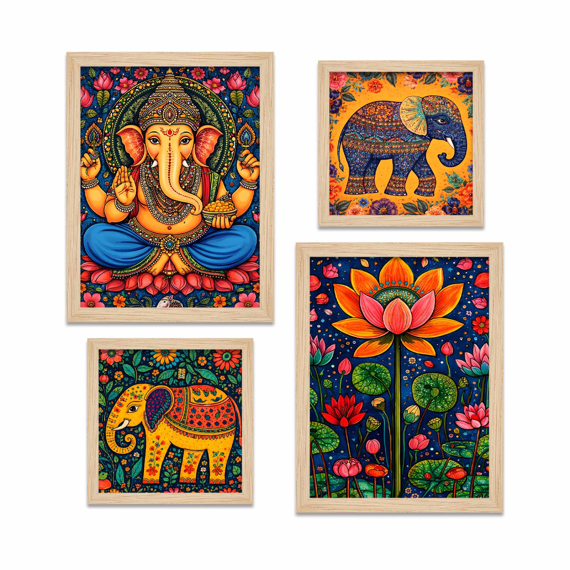 Ganesha & Elephant Indian Folk Devotional Wall Frame Set of Four - Image 5