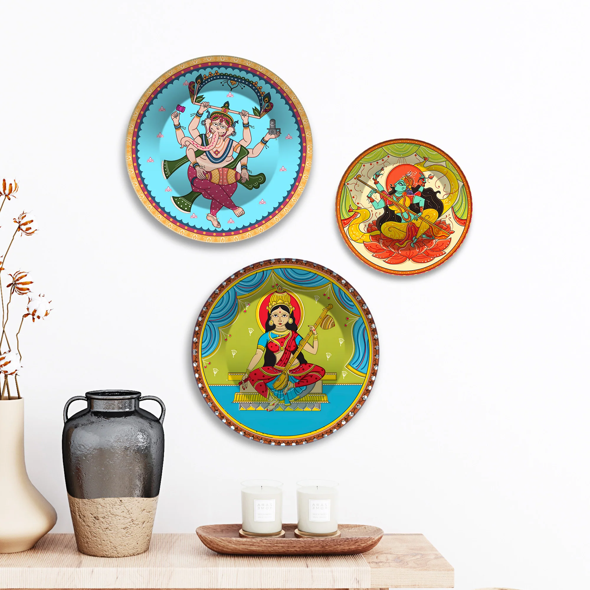 Ganesha Lakshmi & Durga Premium Wall Plates Painting Set of 3 - Image 3