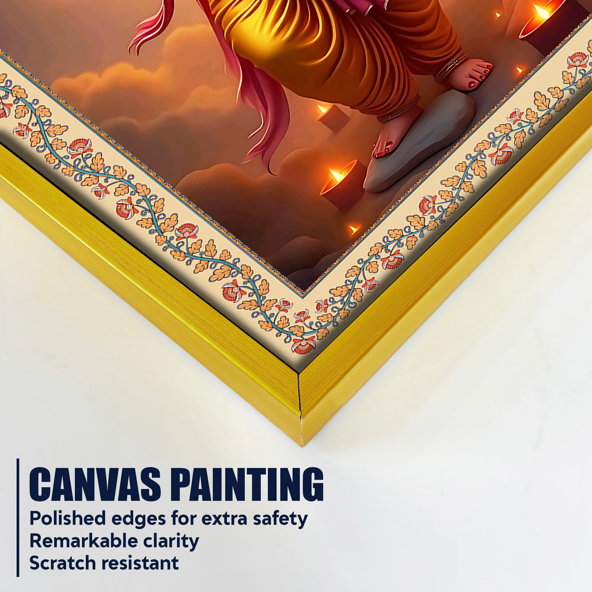 Ganesha with Sun Floral Border Vertical Canvas Wall Painting - Image 5
