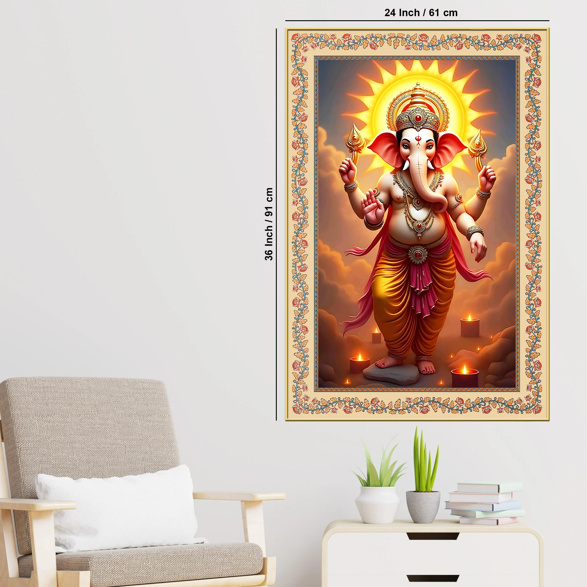 Ganesha with Sun Floral Border Vertical Canvas Wall Painting - Image 6
