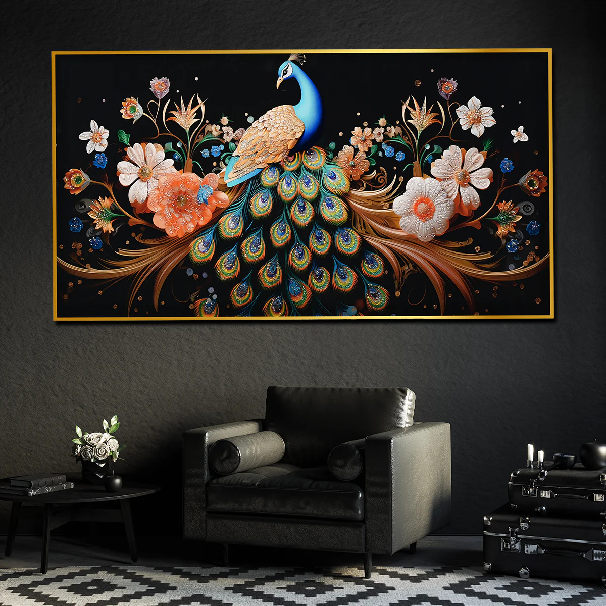 Garden of Peacock Beauty Framed Crystal Glass Painting - Image 3