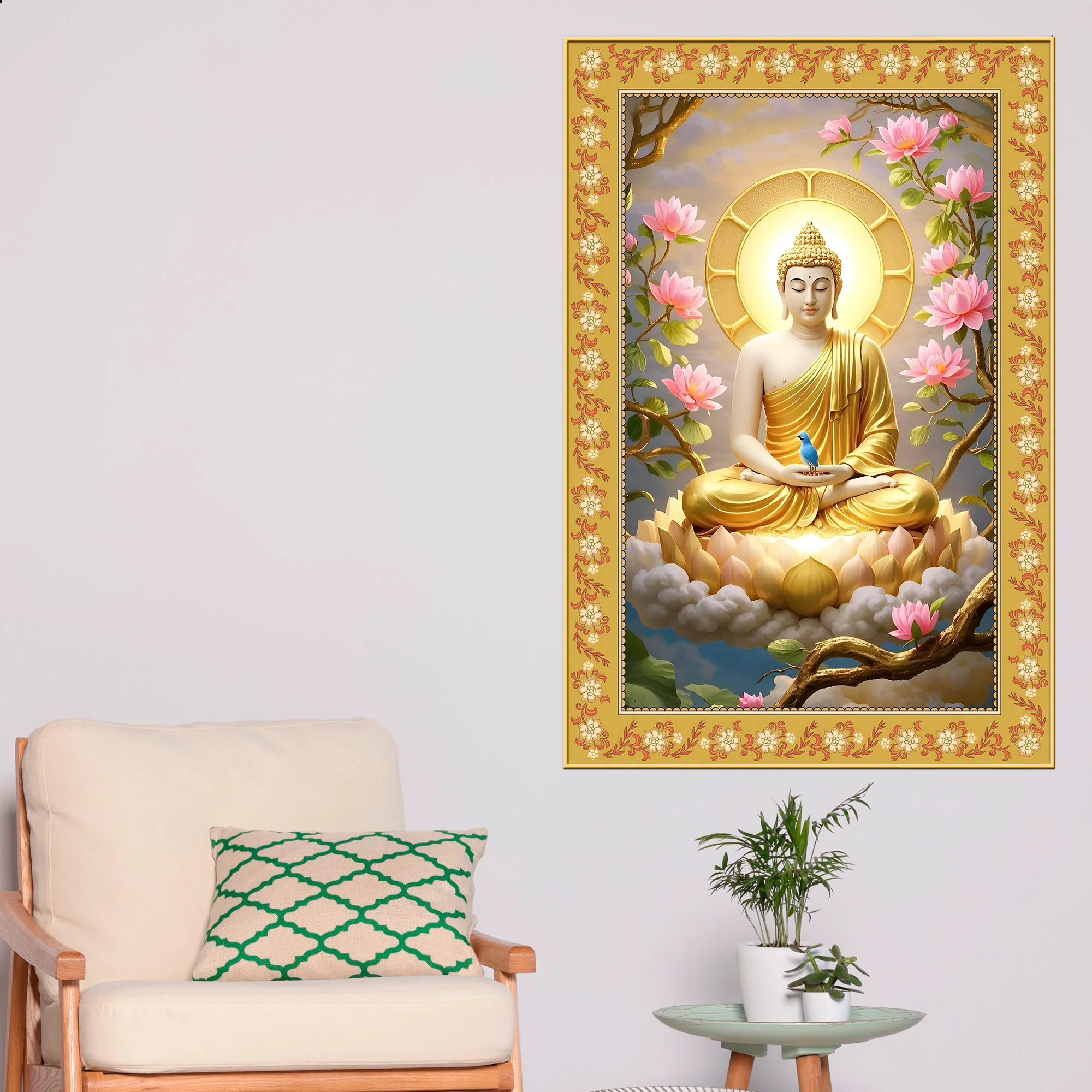 Gautam Buddha Awakened One Floral Border Vertical Wall Painting - Image 2