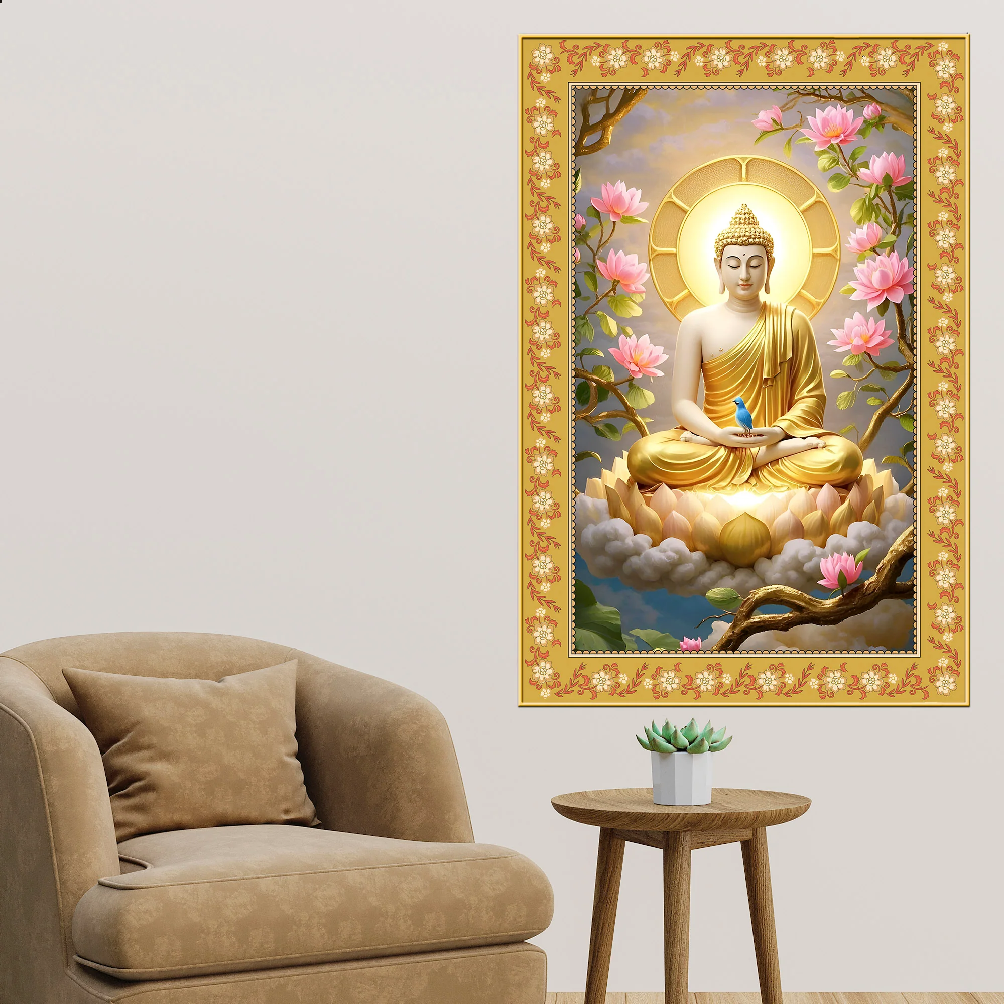 Gautam Buddha Awakened One Floral Border Vertical Wall Painting - Image 3