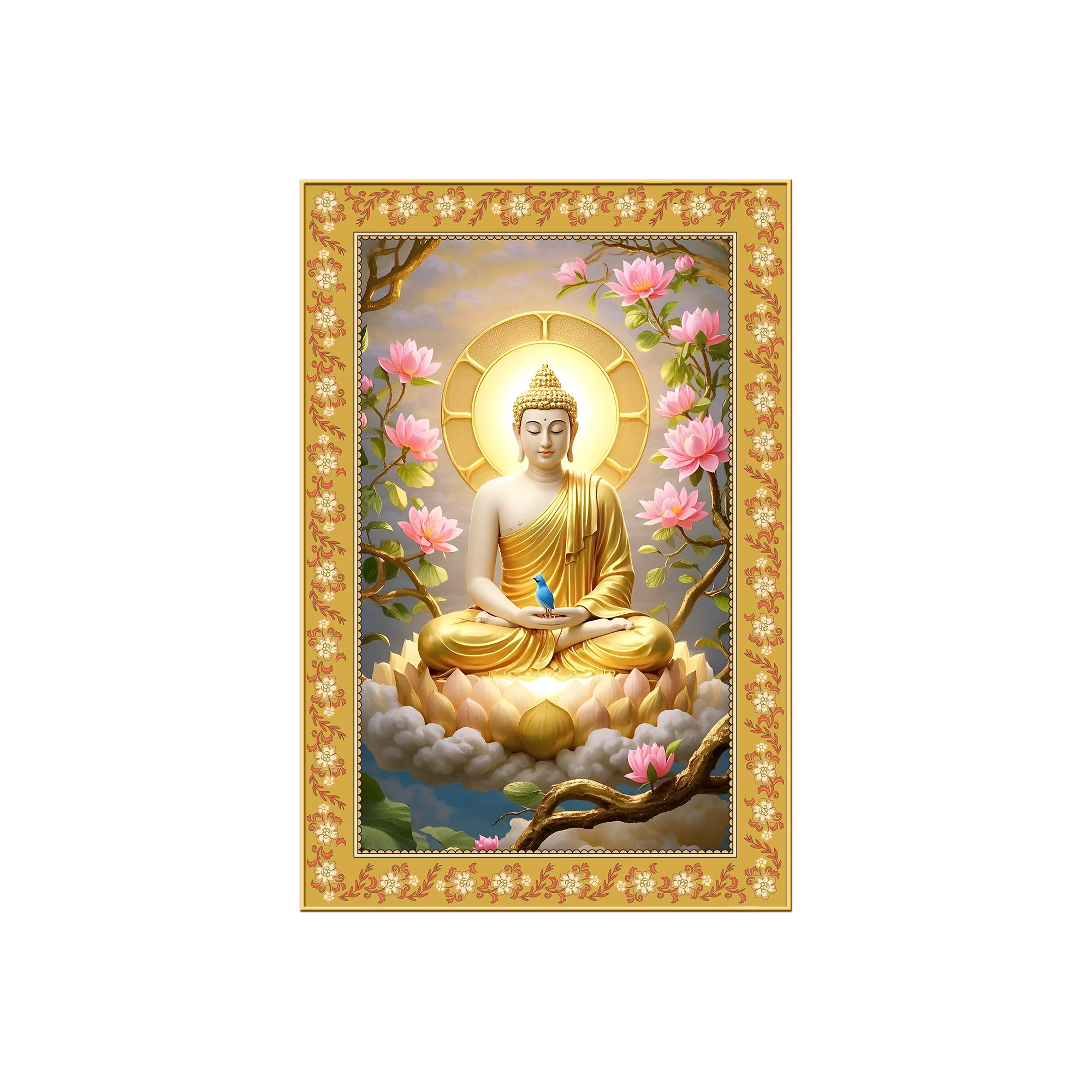 Gautam Buddha Awakened One Floral Border Vertical Wall Painting - Image 4
