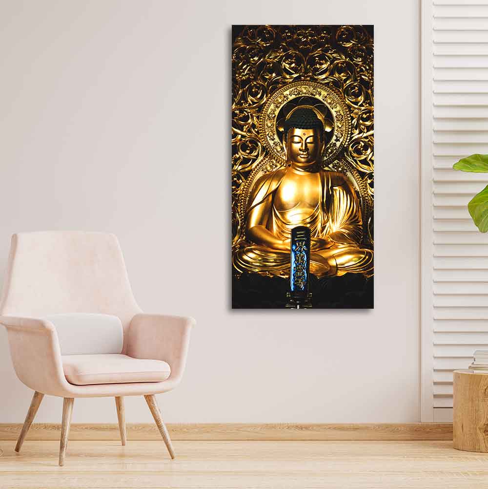 Gautam Buddha Golden Sculpture Vertical Wall Painting - Image 3