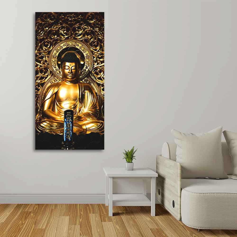 Gautam Buddha Golden Sculpture Vertical Wall Painting - Image 4