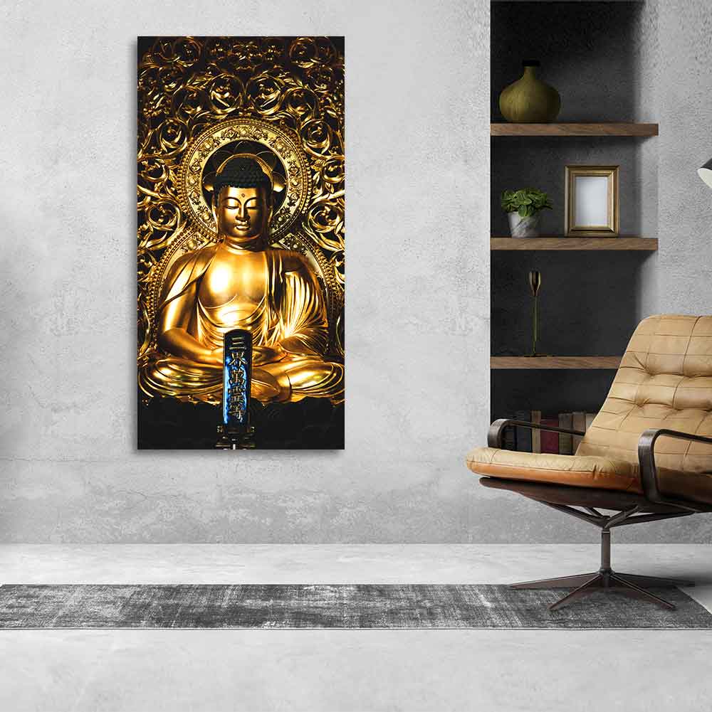 Gautam Buddha Golden Sculpture Vertical Wall Painting - Image 5