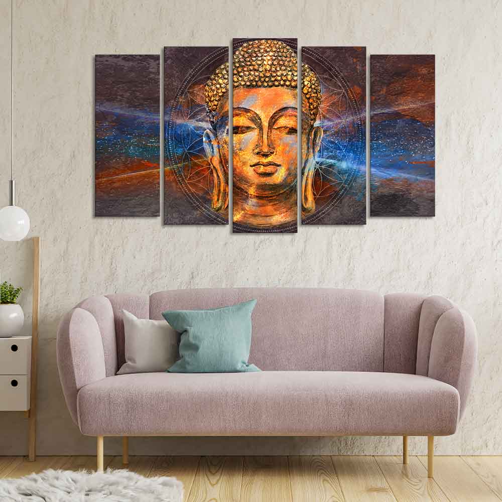 Gautam Buddha Head Canvas Wall Painting Set of Five - Image 2