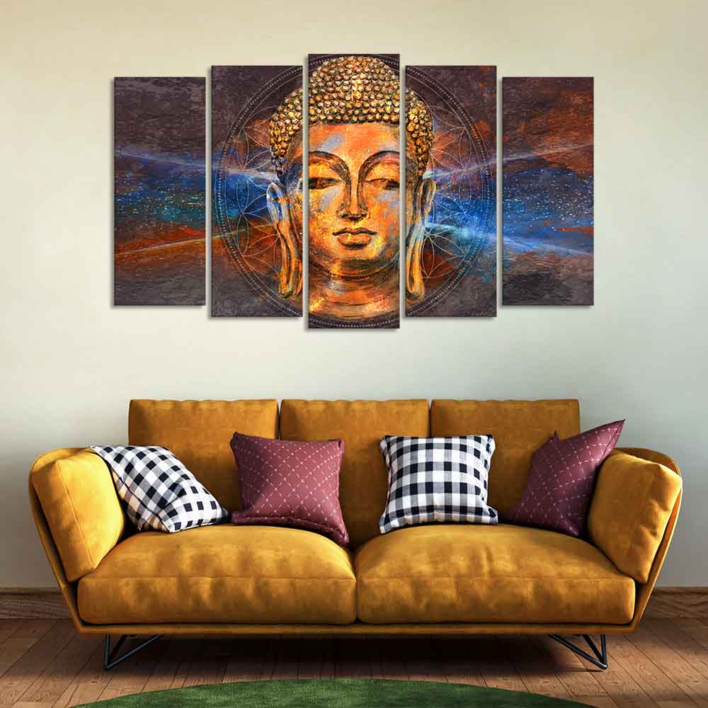 Gautam Buddha Head Canvas Wall Painting Set of Five - Image 3