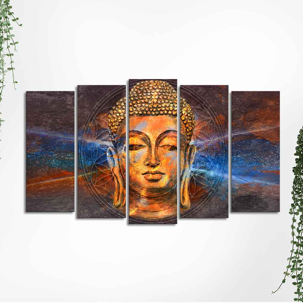 Gautam Buddha Head Canvas Wall Painting Set of Five - Image 5