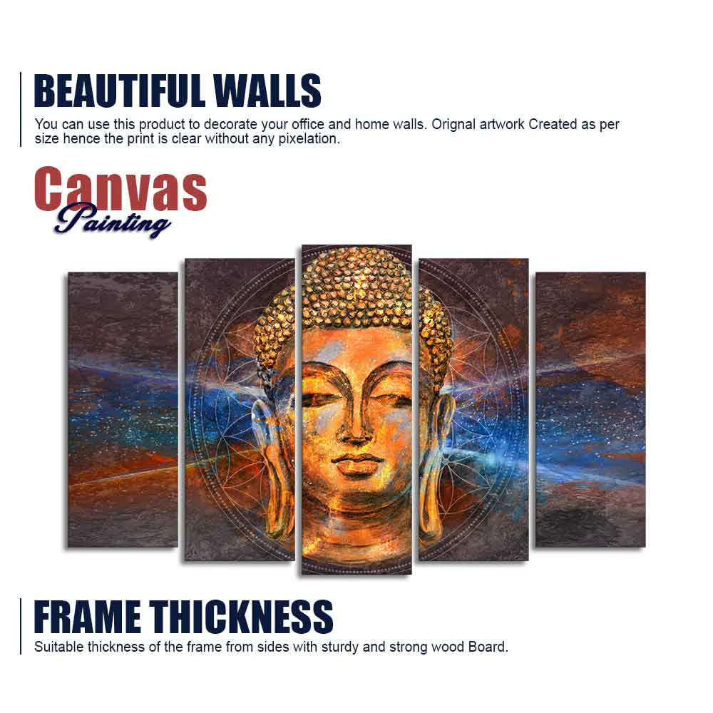 Gautam Buddha Head Canvas Wall Painting Set of Five - Image 6