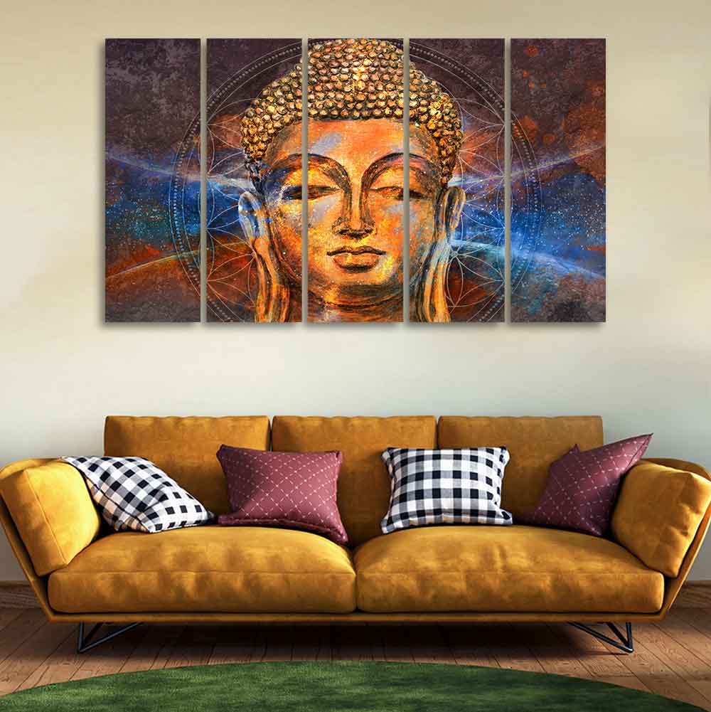 Gautam Buddha Head Wall Painting of Five Pieces - Image 2