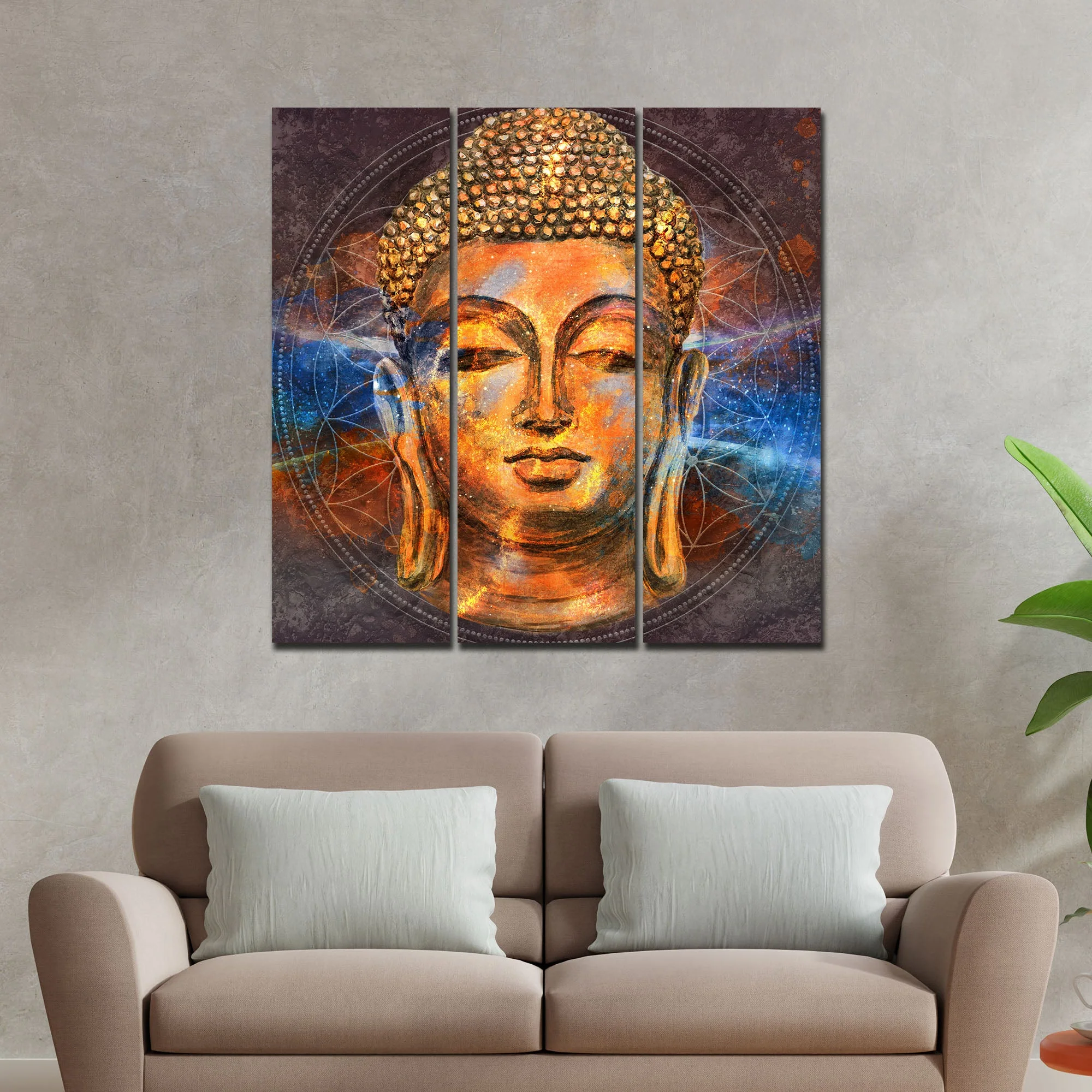 Gautam Buddha Head Wall Painting of Three Pieces - Image 2