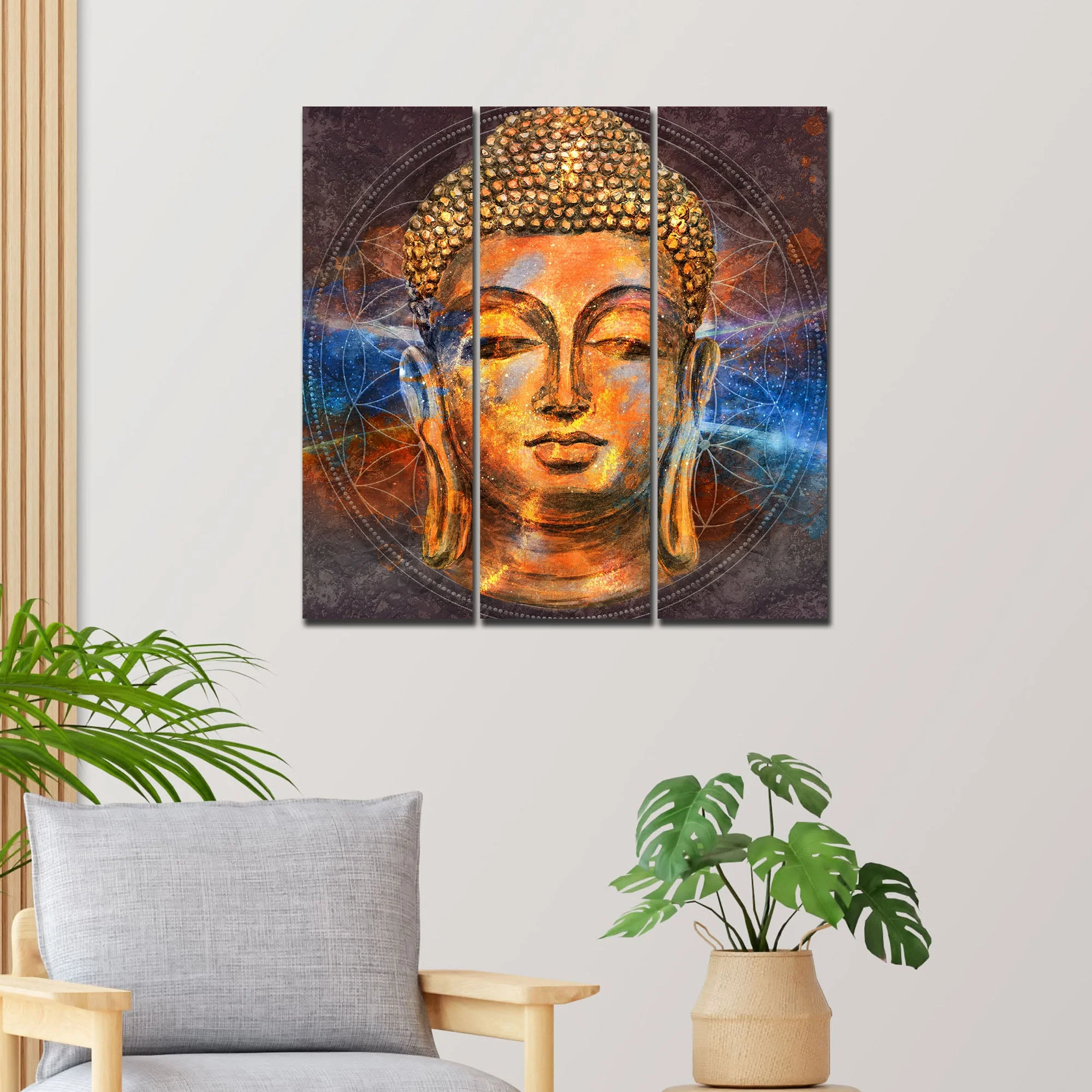 Gautam Buddha Head Wall Painting of Three Pieces - Image 3