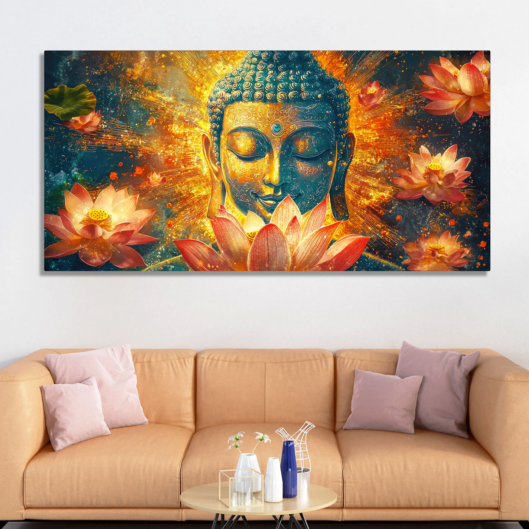 Gautam Buddha Statue with Lotus Flowers Background Canvas Wall Painting - Image 2