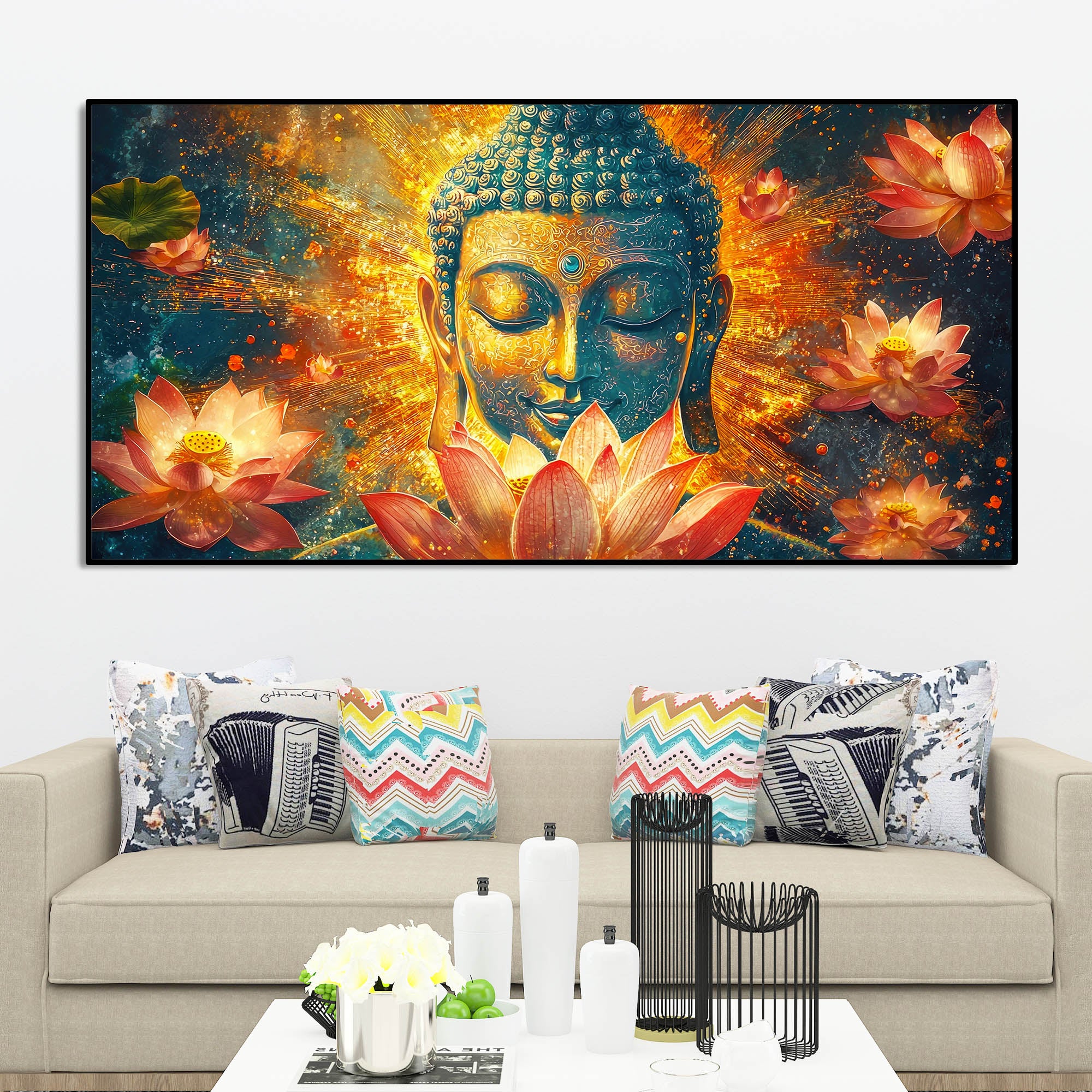 Gautam Buddha Statue with Lotus Flowers Background Canvas Wall Painting - Image 3
