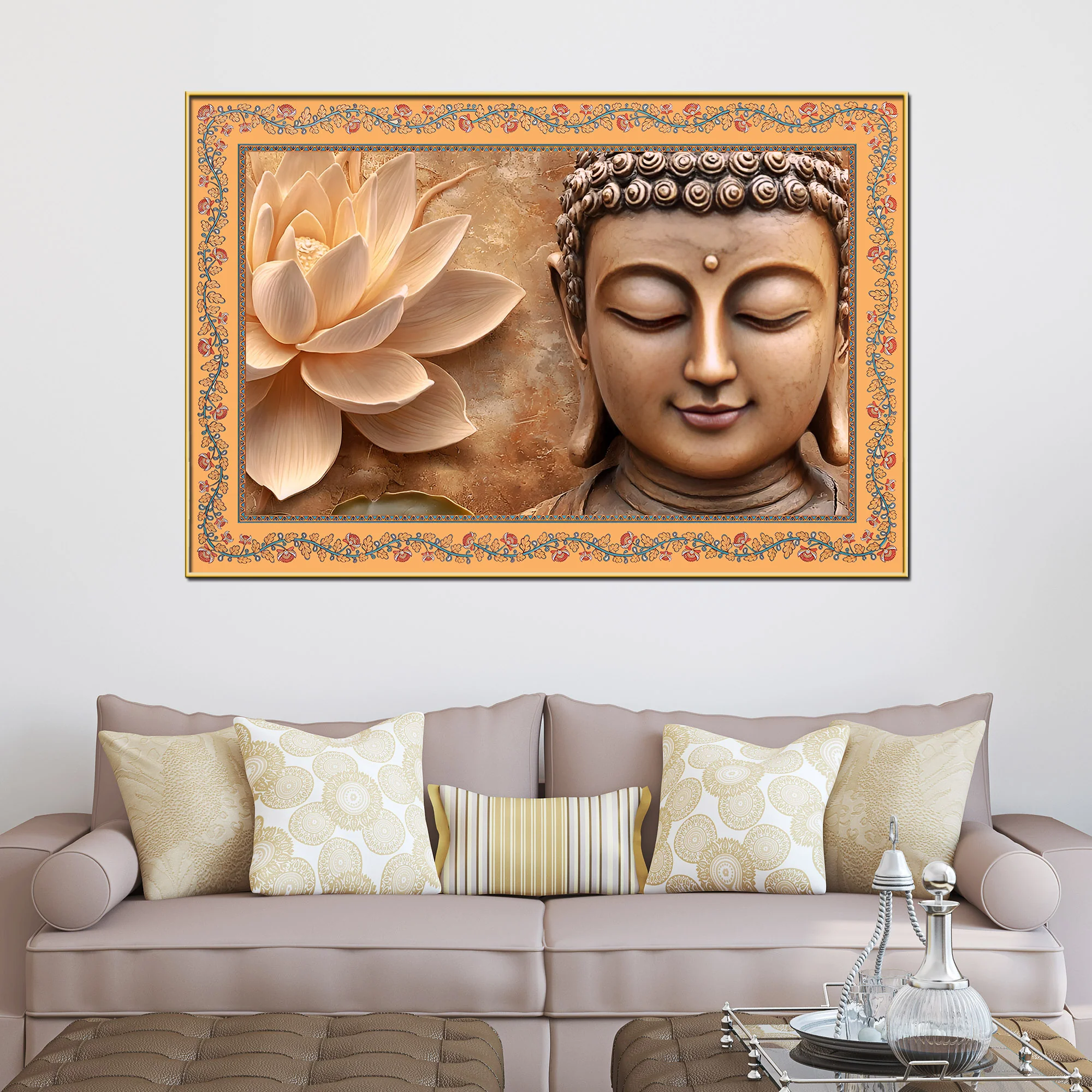Gautam Buddha with Lotus Floral Border Canvas Wall Painting - Image 2