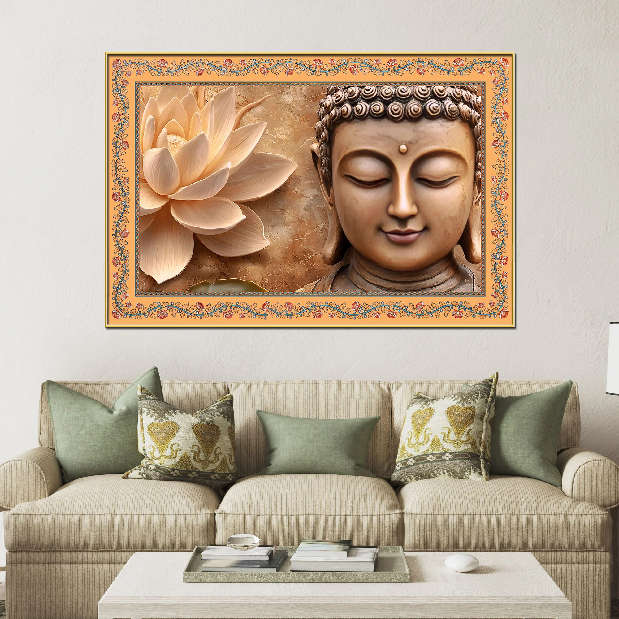 Gautam Buddha with Lotus Floral Border Canvas Wall Painting - Image 3