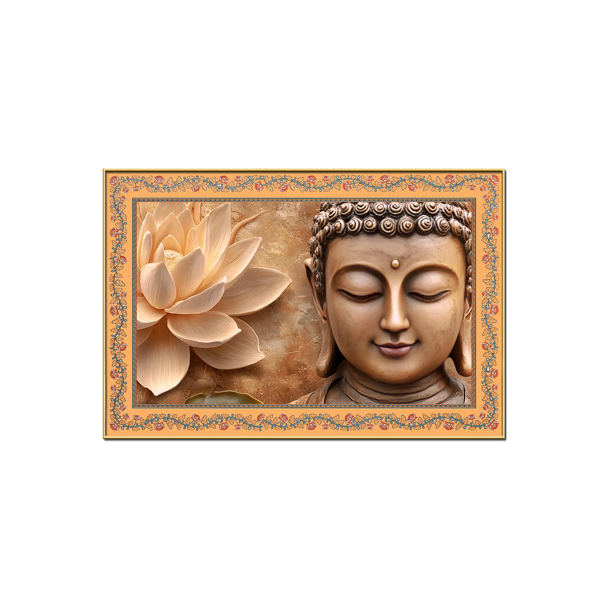 Gautam Buddha with Lotus Floral Border Canvas Wall Painting - Image 4