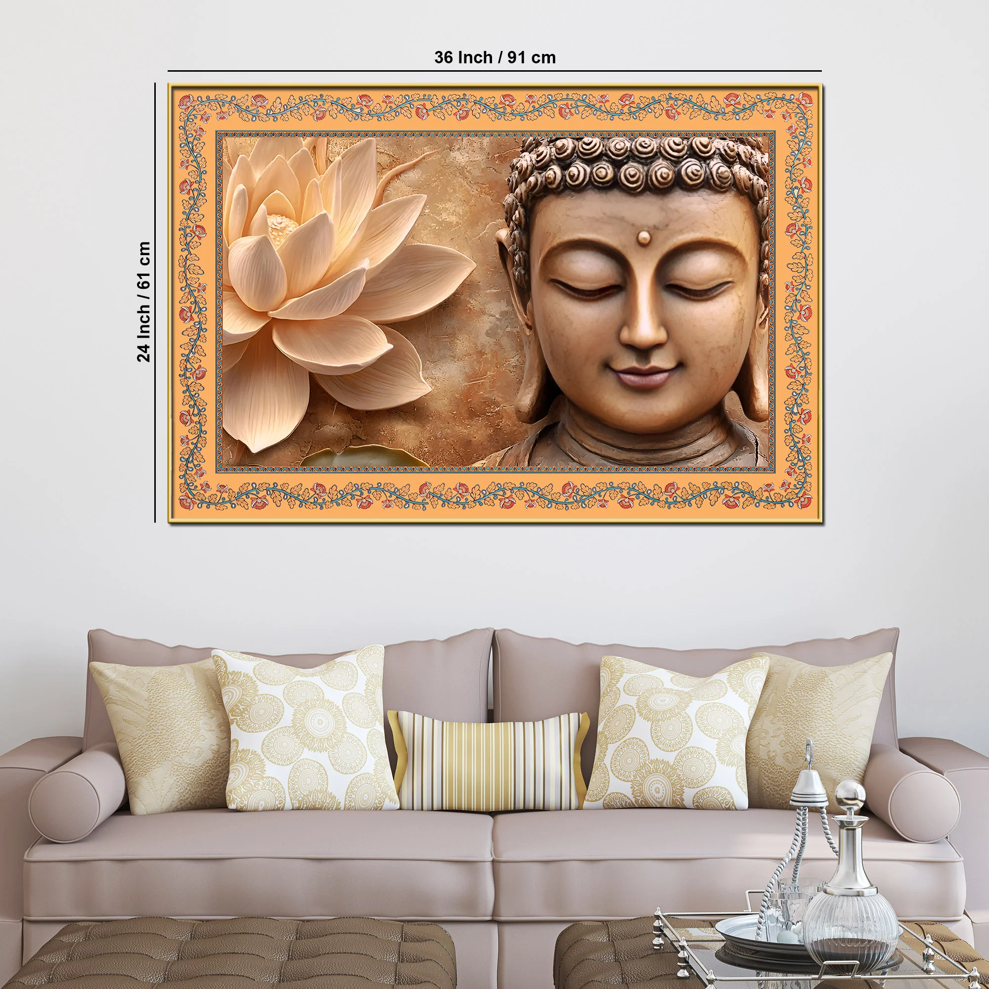 Gautam Buddha with Lotus Floral Border Canvas Wall Painting - Image 6