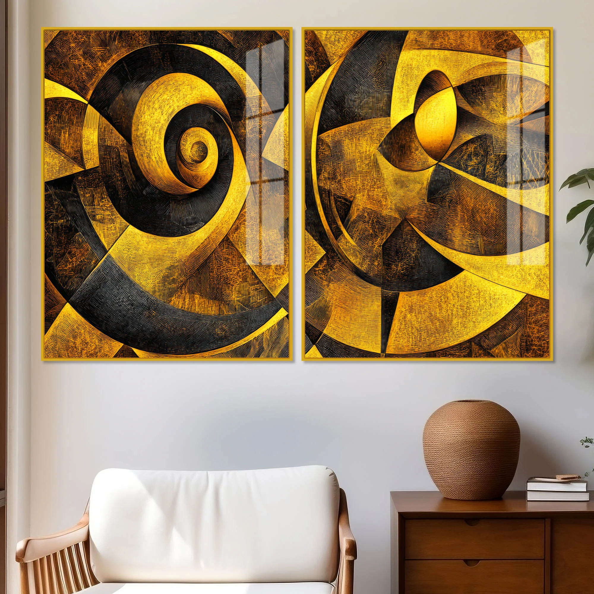 Geometric Abstract Golden Pattern Acrylic Floating Wall Painting Set of 2 - Image 2