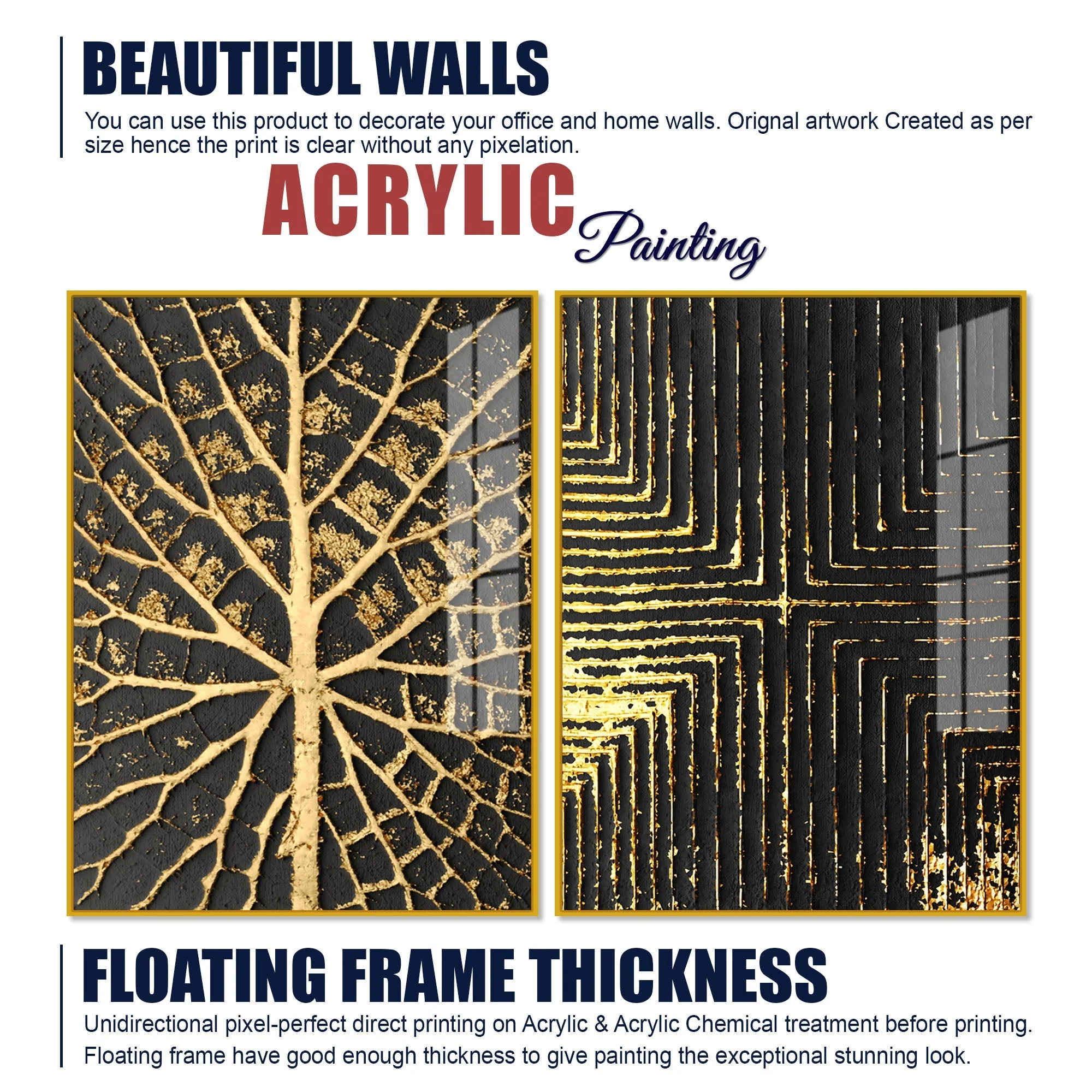 Geometric and Leaf Pattern Acrylic Floating Wall Painting Set of 2 - Image 6