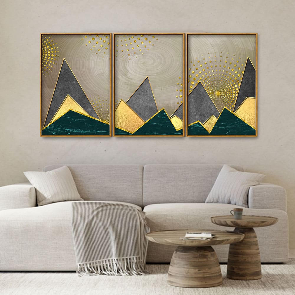 Geometric Shapes with Golden and dark triangles Floating Canvas Wall Painting Set of Three - Image 2