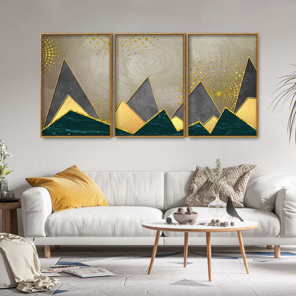 Geometric Shapes with Golden and dark triangles Floating Canvas Wall Painting Set of Three - Image 3