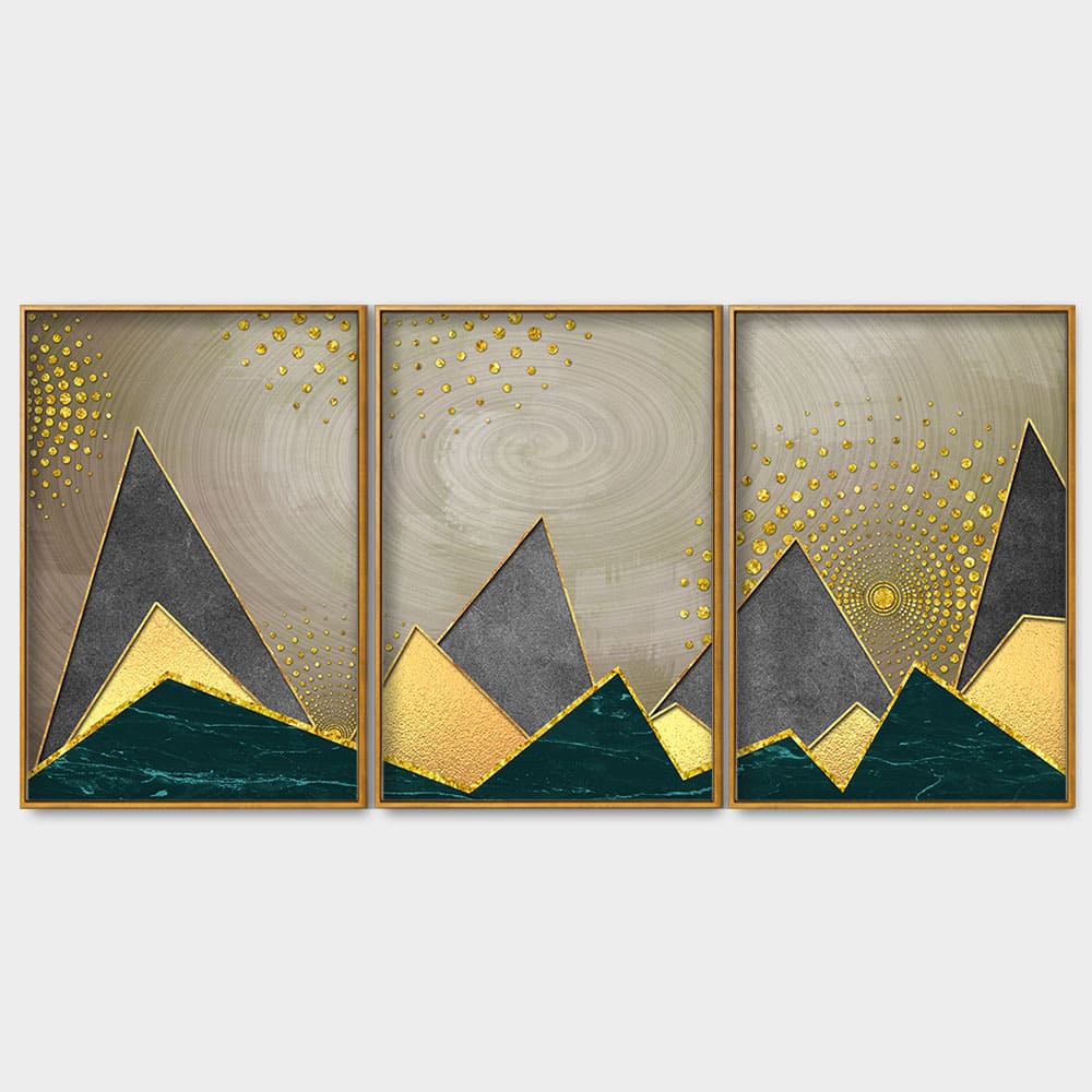 Geometric Shapes with Golden and dark triangles Floating Canvas Wall Painting Set of Three - Image 4