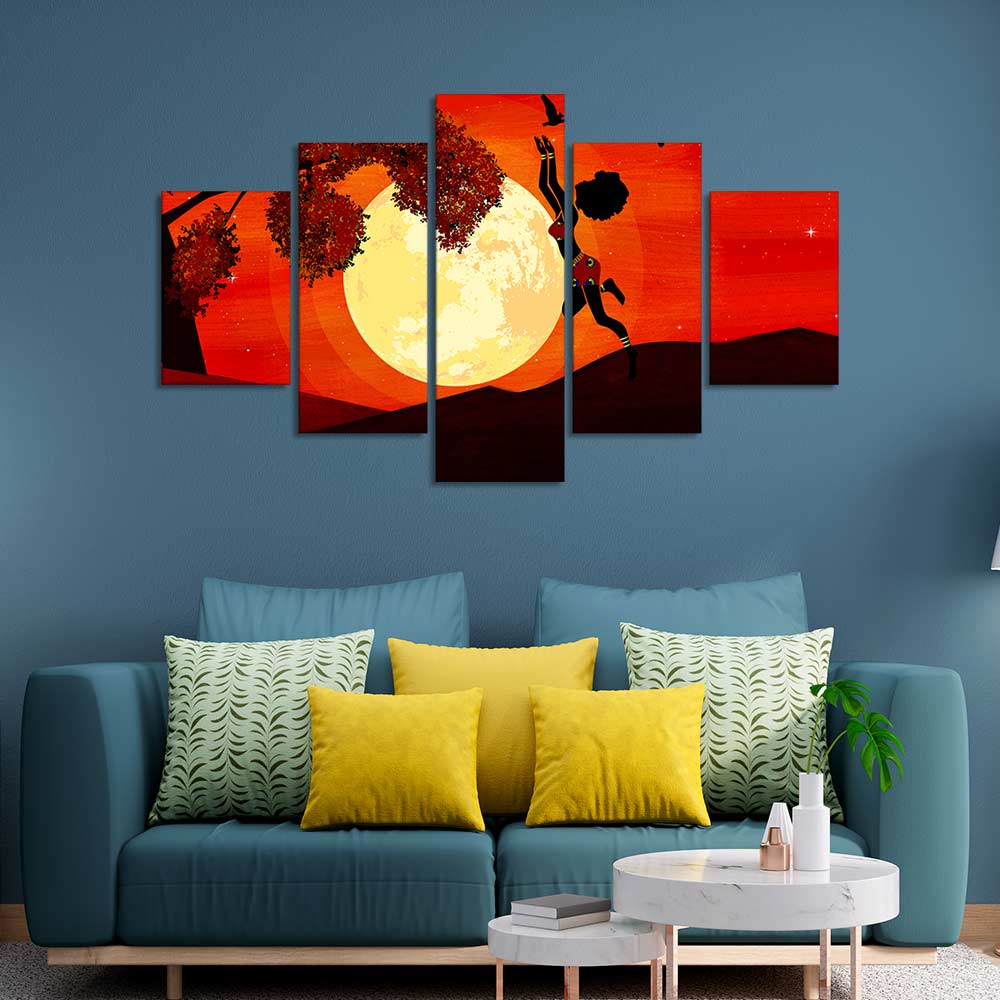 Girl Catching Bird Premium Wall Painting Set of Five - Image 2