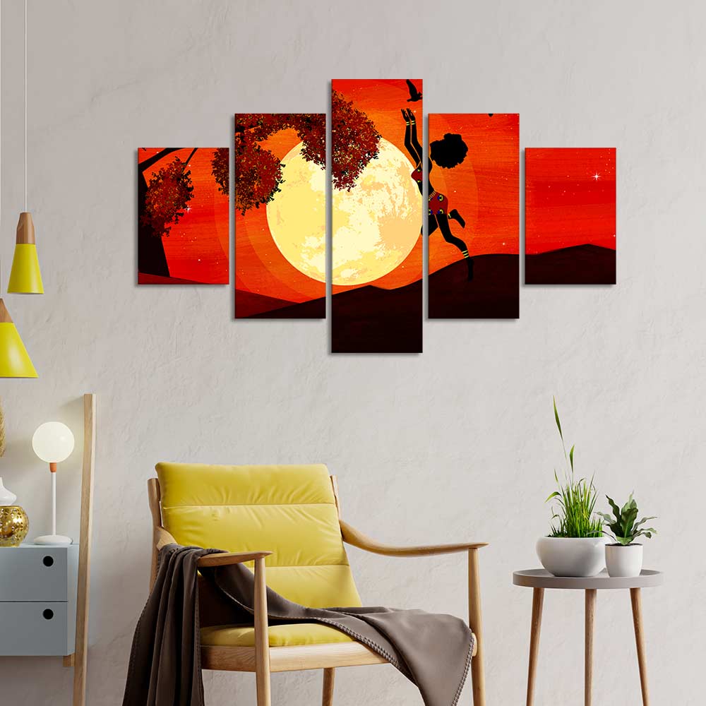 Girl Catching Bird Premium Wall Painting Set of Five - Image 3