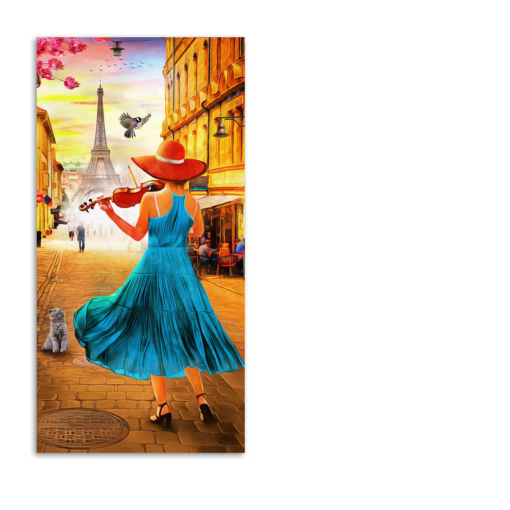Girl Playing Violin and Eiffel Tower Canvas Wall Painting - Image 4
