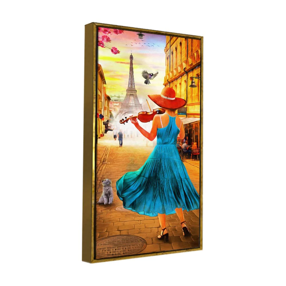 Girl Playing Violin and Eiffel Tower Canvas Wall Painting - Image 5