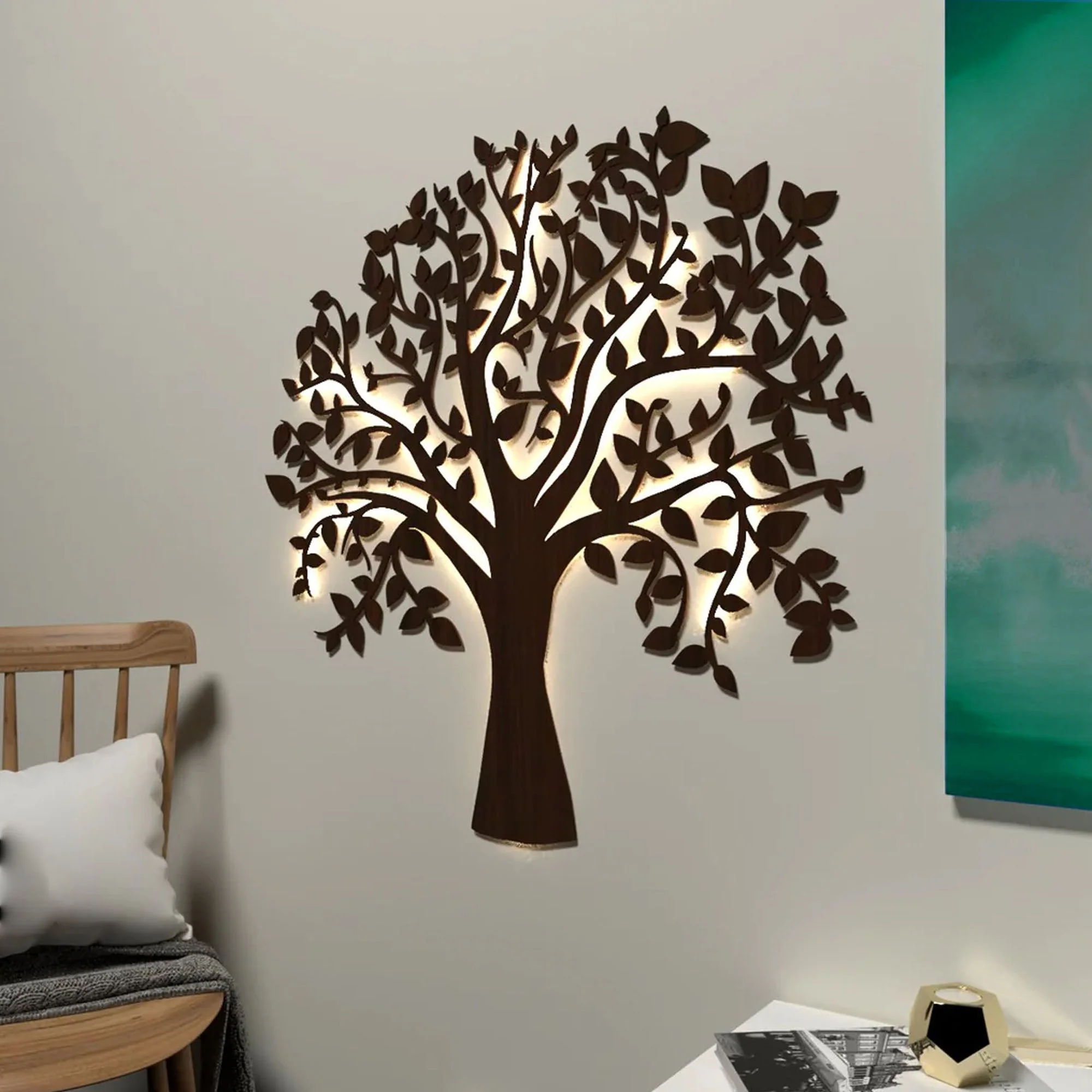 Glowing Tree Backlit Wooden Wall Art with LED Night Light Walnut Finish - Image 2