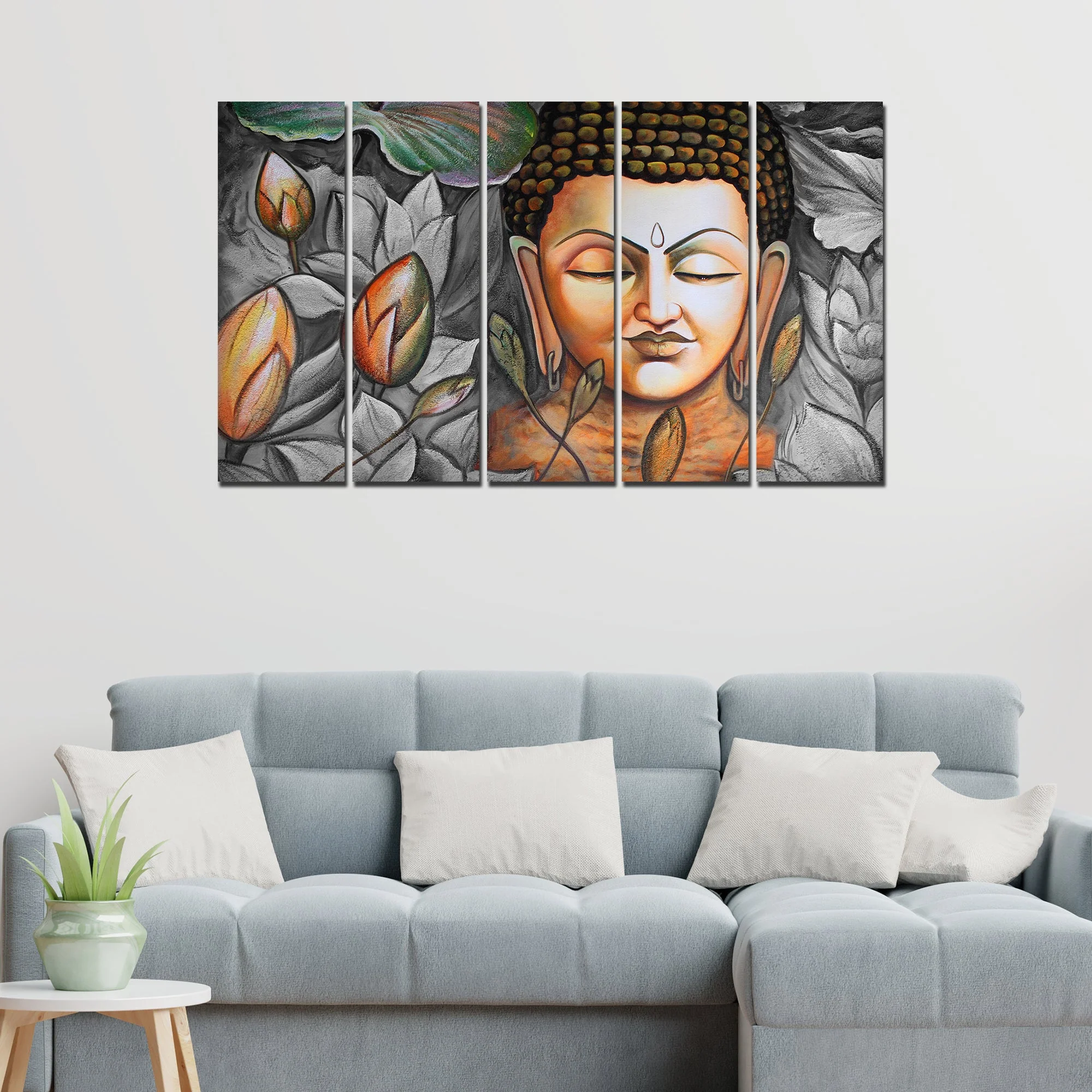 God Buddha Meditating Canvas Wall Painting Set of Five - Image 3