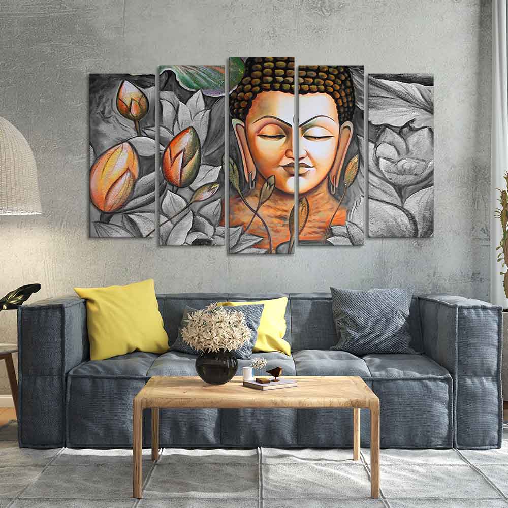 God Buddha Meditating Canvas Wall Painting Set of Five Pieces - Image 2