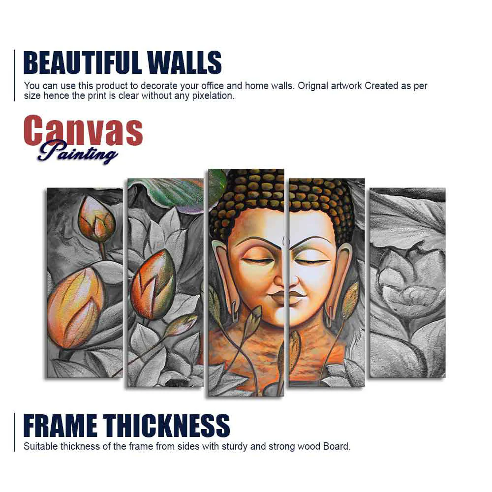 God Buddha Meditating Canvas Wall Painting Set of Five Pieces - Image 6