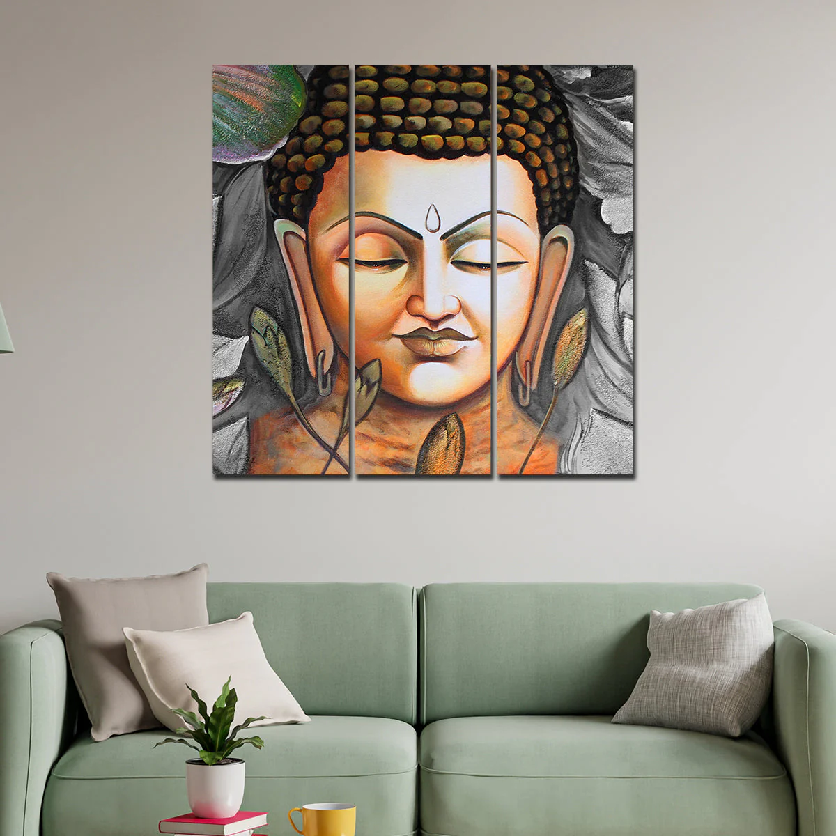 God Buddha Meditating Wall Painting Three Pieces - Image 2