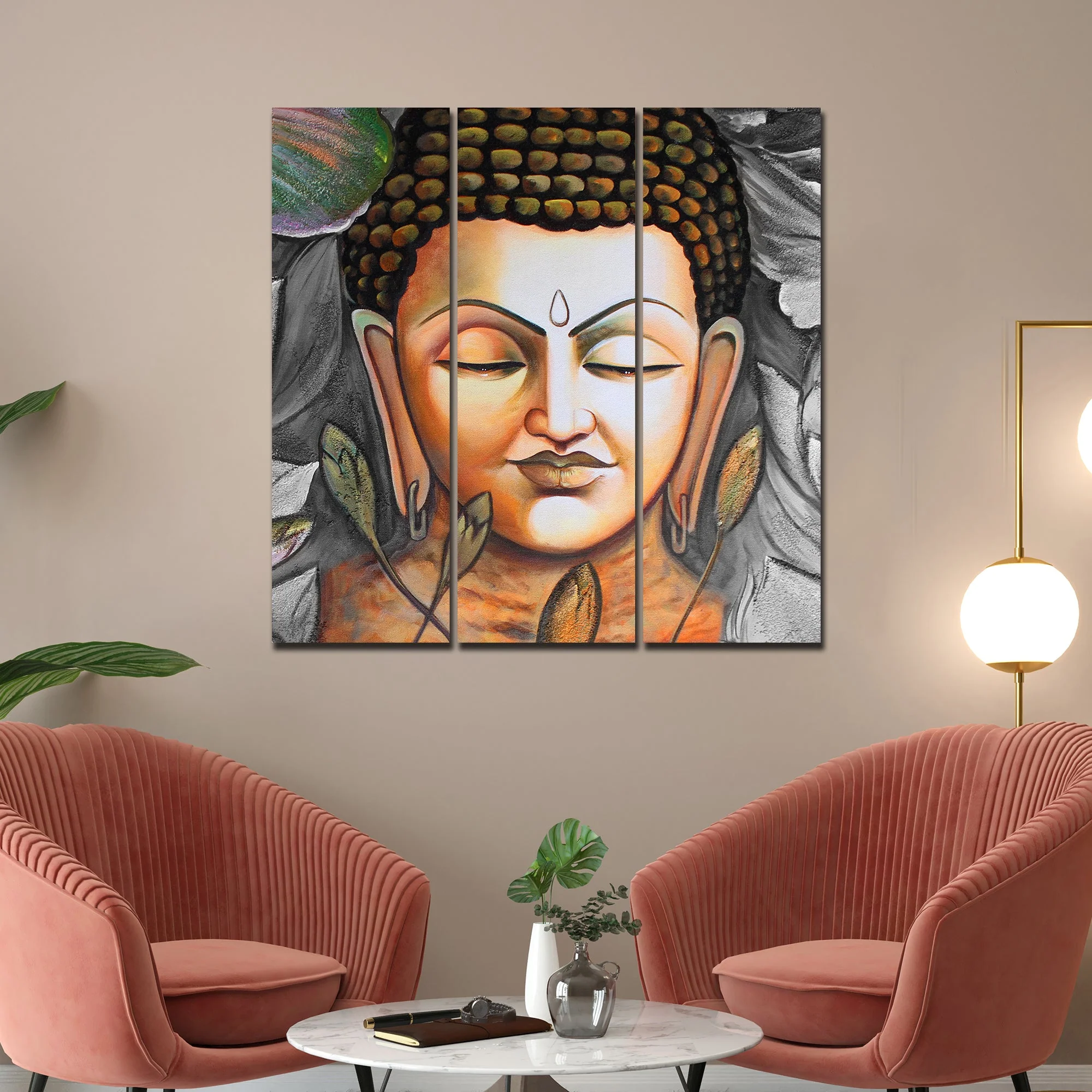 God Buddha Meditating Wall Painting Three Pieces - Image 3