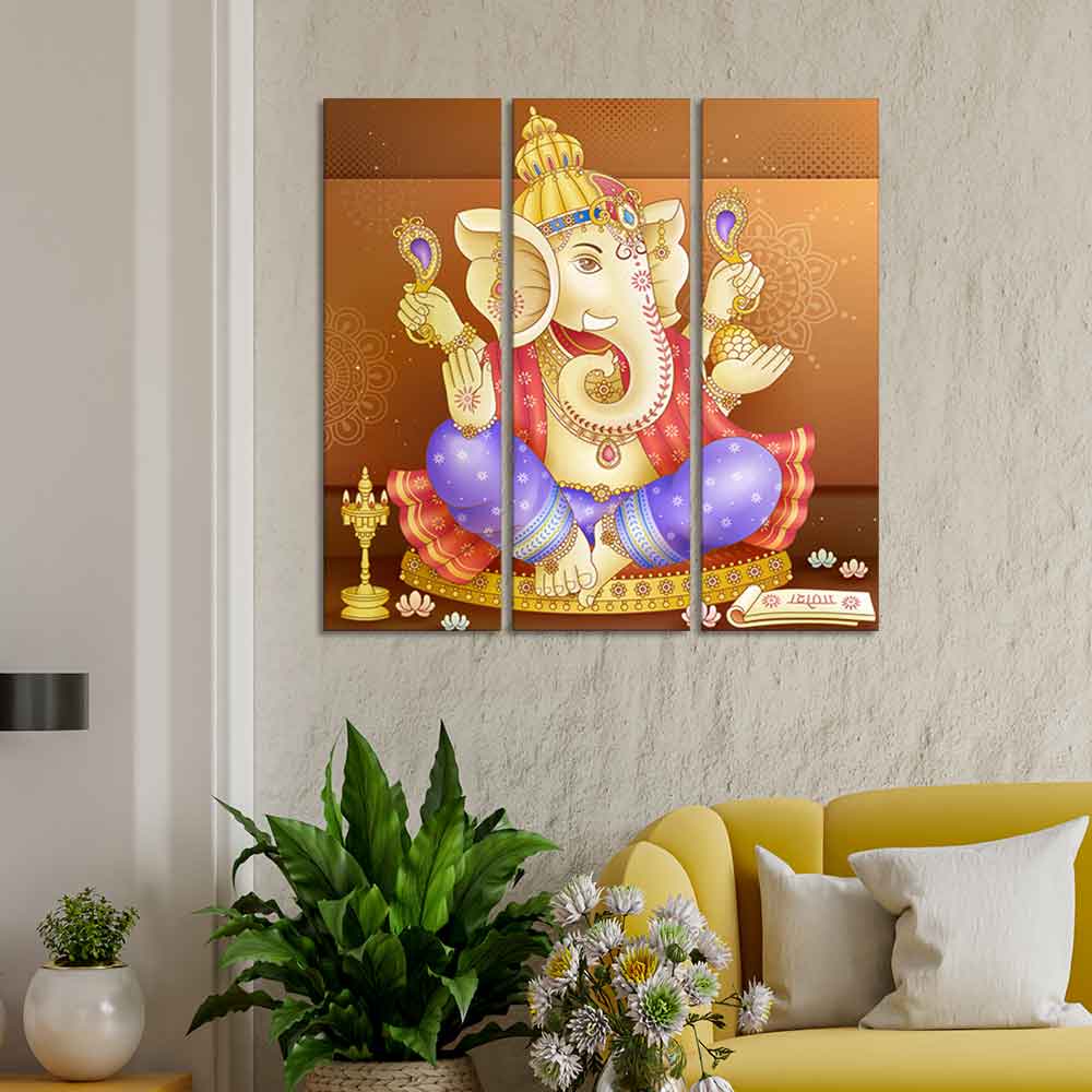 God Ganesha Beautiful Wall Painting of Three Panels - Image 2