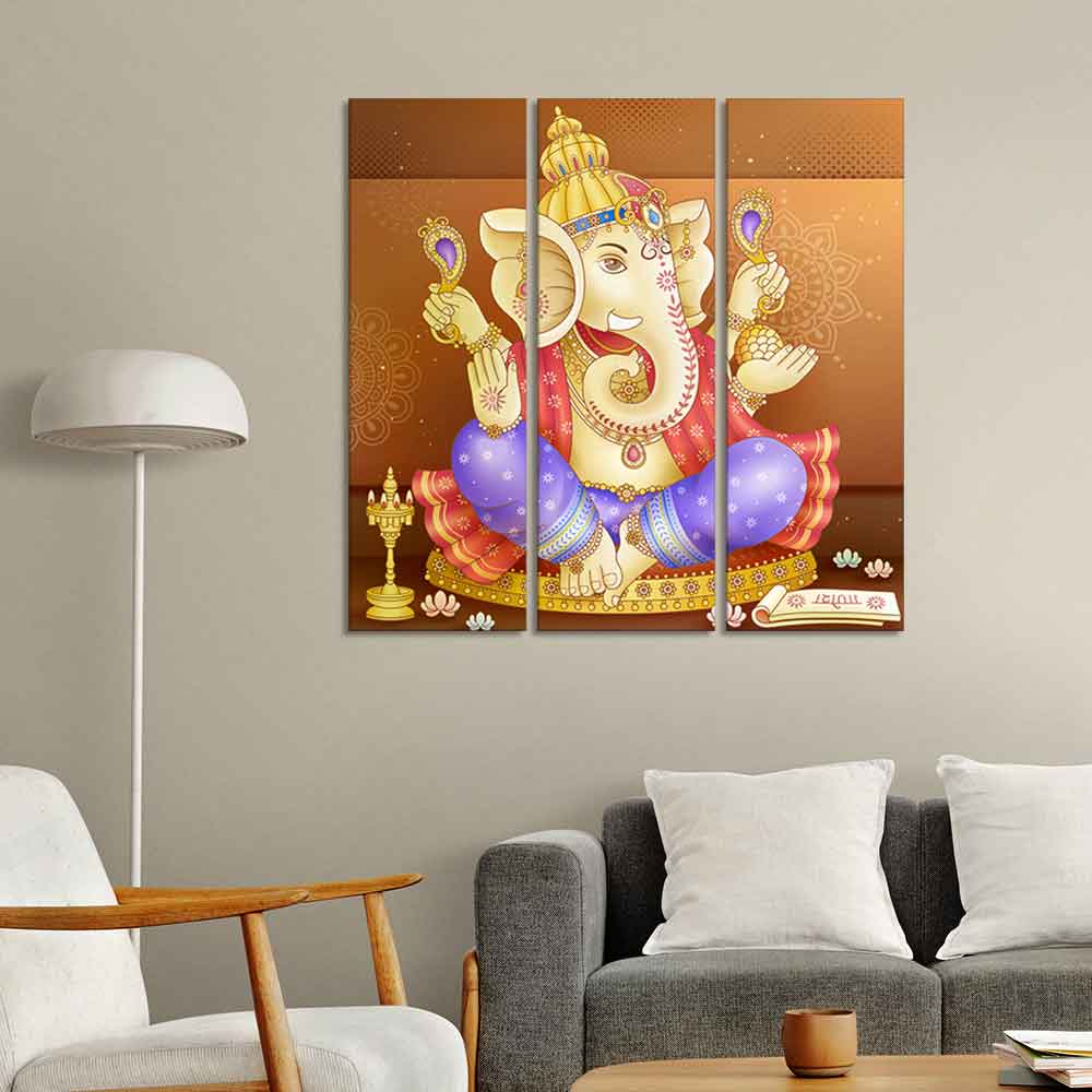 God Ganesha Beautiful Wall Painting of Three Panels - Image 3