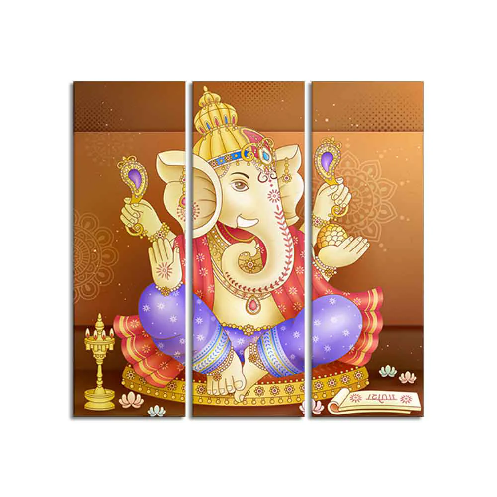 God Ganesha Beautiful Wall Painting of Three Panels - Image 4
